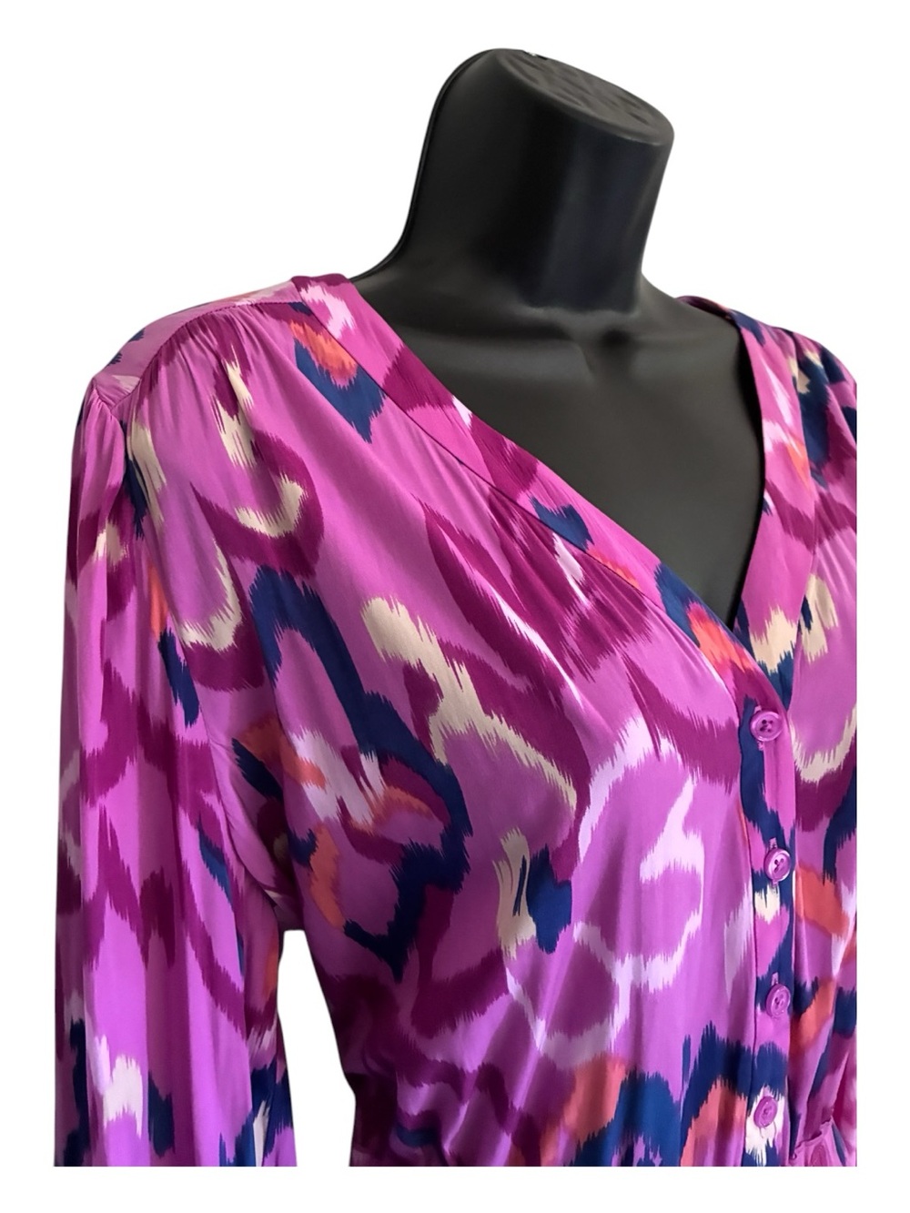 Chico's Fuchsia Pink Navy Ikat Resortwear Beach Tiered V-Neck Maxi Dress Sz 2P - Picture 6 of 12